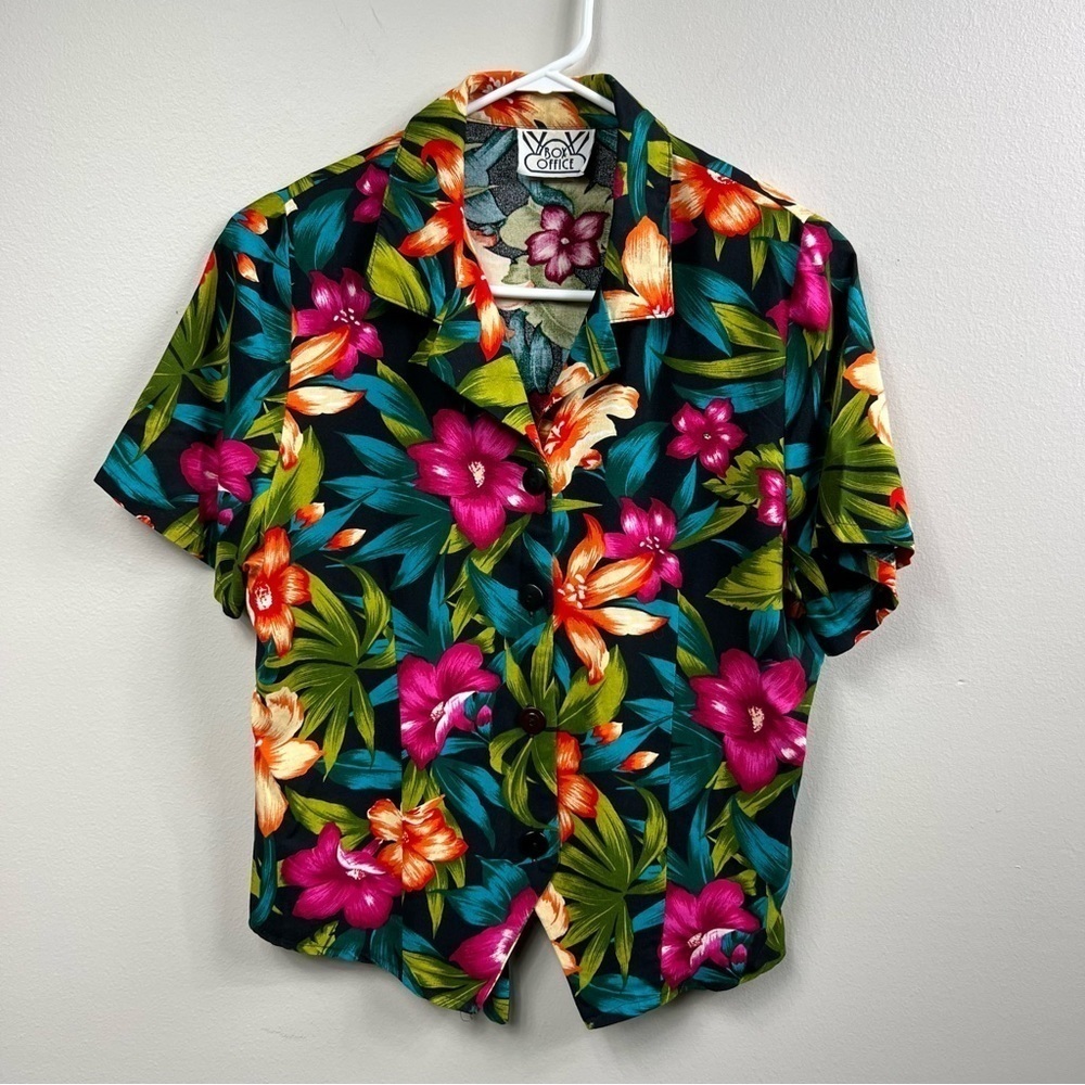VINTAGE Box Office short sleeve vibrant floral top adjustable back Sz M
